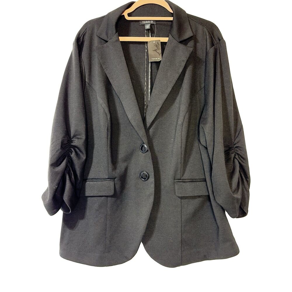 Torrid Black Ponti Blazer Size 3X Button Front Ruched 3/4 Sleeve NWT - Picture 2 of 11